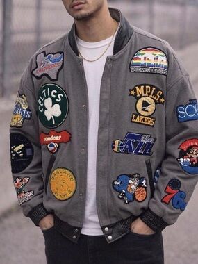 Men's Gray Varsity Jacket with Colorful Patches NBA vintage teams, logos